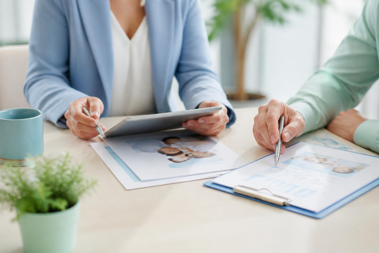 Corretora e cliente analisando planos de saúde