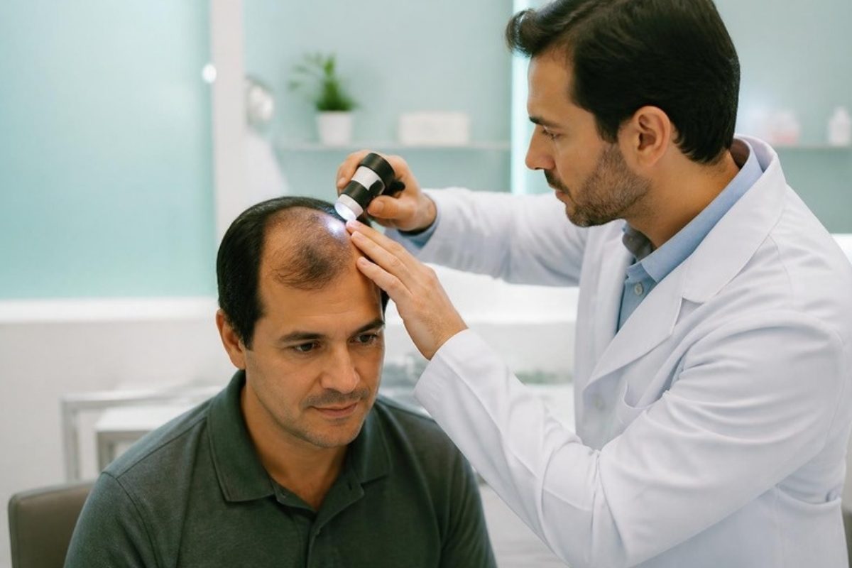 Dermatologista examinando o couro cabeludo de um homem com queda de cabelo