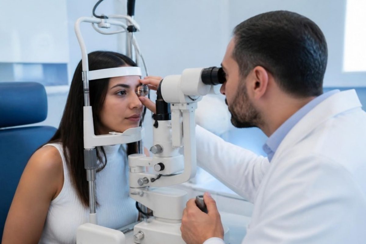 Exame oftalmológico em clínica de olhos
