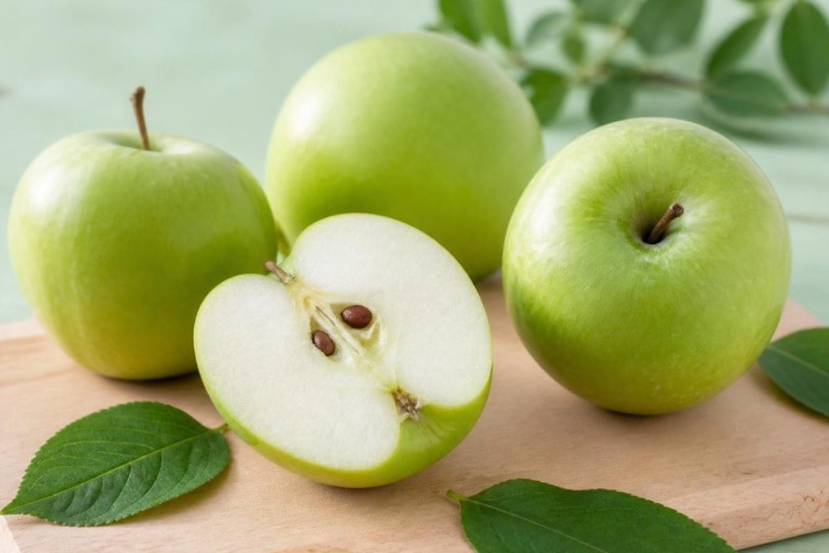 Maçãs verdes inteiras e uma cortada ao meio