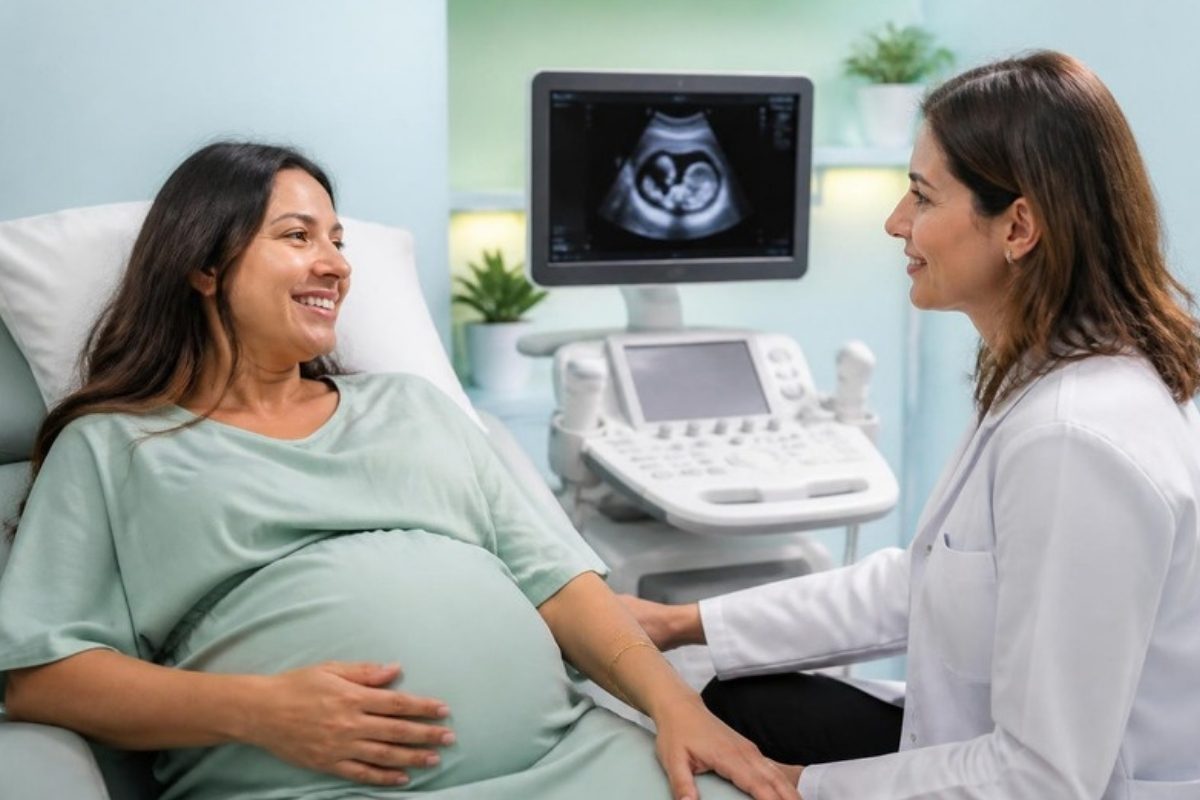 Gestante em consulta de pré-natal com ultrassom