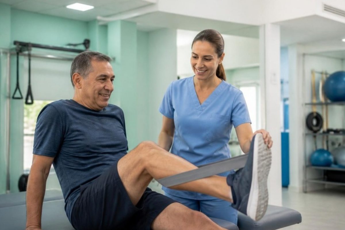 Sessão de fisioterapia em clínica de reabilitação